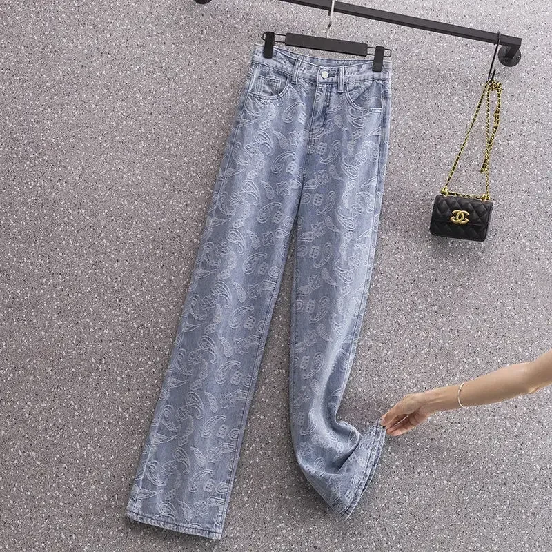 Autumn Paisley Jeans Women 2024 New High Waist Ins Korean Style Loose Slimming Internet Celebrity Straight Wide Leg Pants