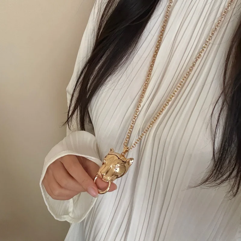 Vintage Emaille Leopardenkopf Anhänger Halsketten für Damen und Herren, Übertriebene Metallkette, Dicke Pulloverkette, Modisches Accessoire – Detail 4