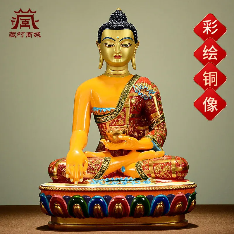 Taiwanese copper mineral painted and gold-plated Shakyamuni ornament, Tibetan entranceway bronze statue