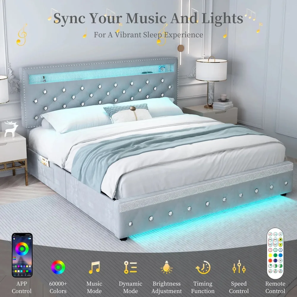 

Full LED Bed Frame with Adjustable Headboard, Storage Drawers & Side Pockets