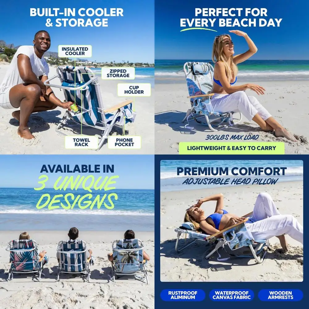 

Portable Beach Folding Chair with 5 Positions, Cup & Phone Holder, Insulated Pocket, Lightweight Aluminum