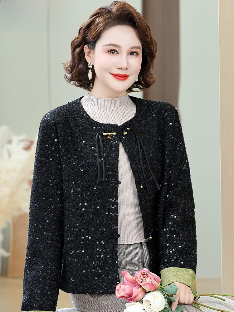 

Новое шерстяное пальто 2025 года в китайском национальном стиле для женщин среднего и старшего возраста, осенне-весеннее, в стиле Тан.