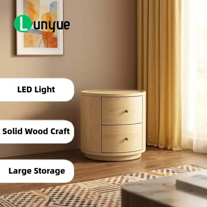 Luxury Modern Solid Wood LED Bedside Table with 2 Drawers for Bedroom Hotel Furniture Nightstand Storage