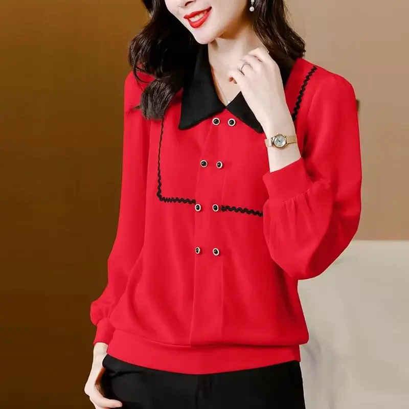 

Fashion Bright Line Decoration Button Gauze Blouses Women's clothing 2023 Autumn Winter New Loose All-match Tops Elegant Shirts