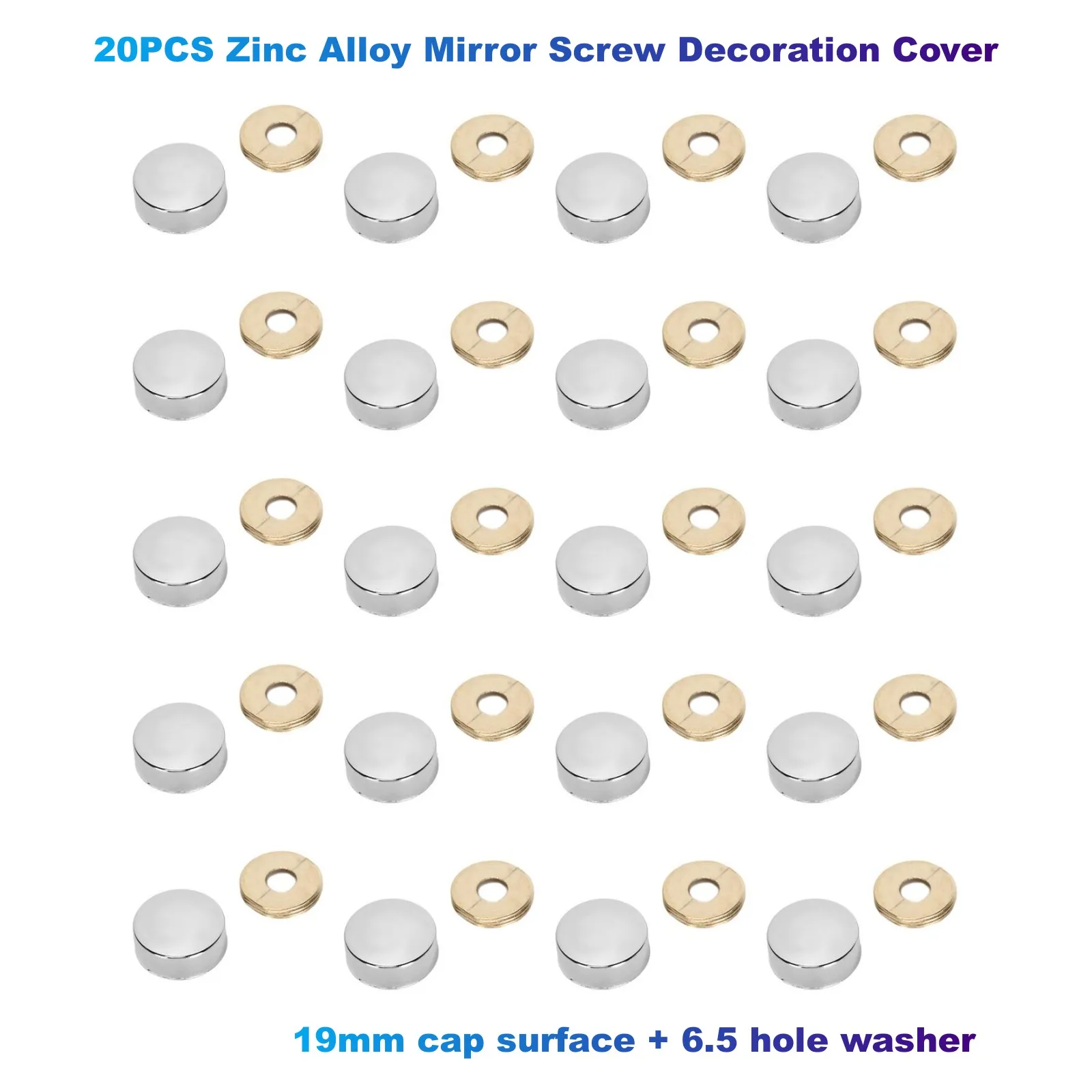 

20PCS Zinc Alloy Mirror Screw Decoration Cover(19mm cap surface + 6.5 hole washer) For Glass Decoration,Household Furniture