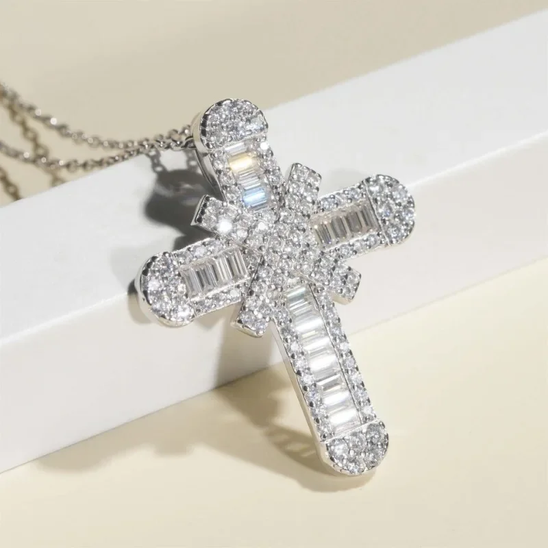 

925 Silver Baguette Cut Moissanite Cross Necklace Hiphop Jewelry White Gold Plated Iced Diamond Pendant Necklace Pass Tester