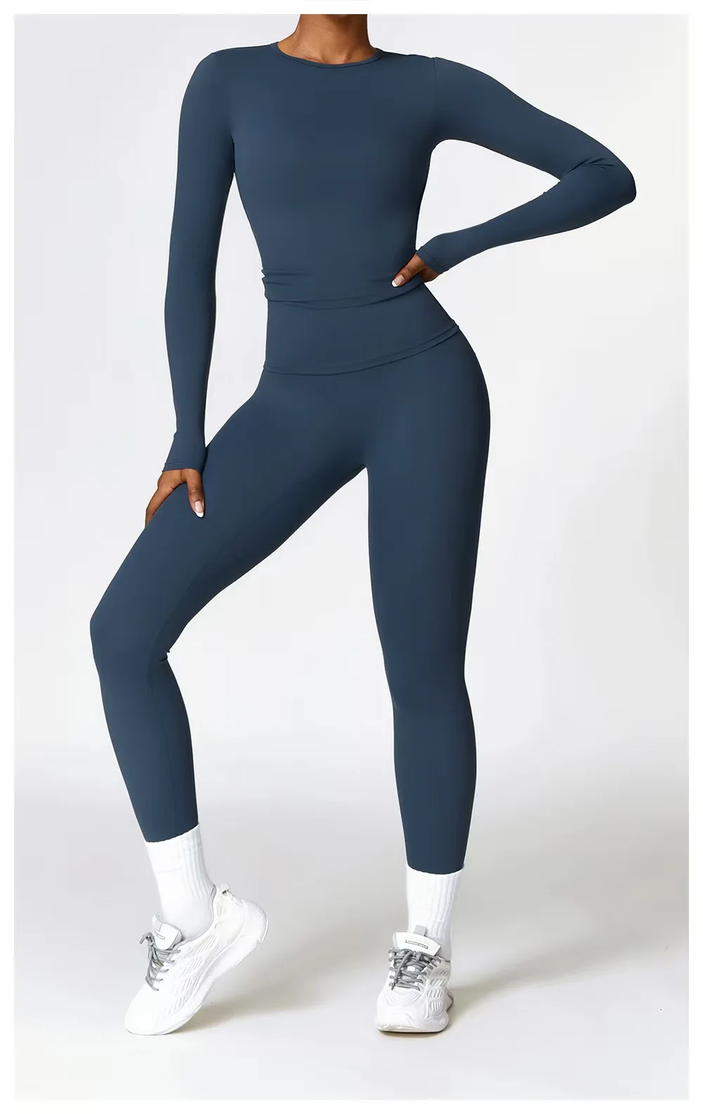 Conjunto de 2 piezas de Yoga azul sin costuras para mujer, ropa de entrenamiento para gimnasio, Top corto de manga larga, mallas de cintura alta, conjunto de ropa deportiva