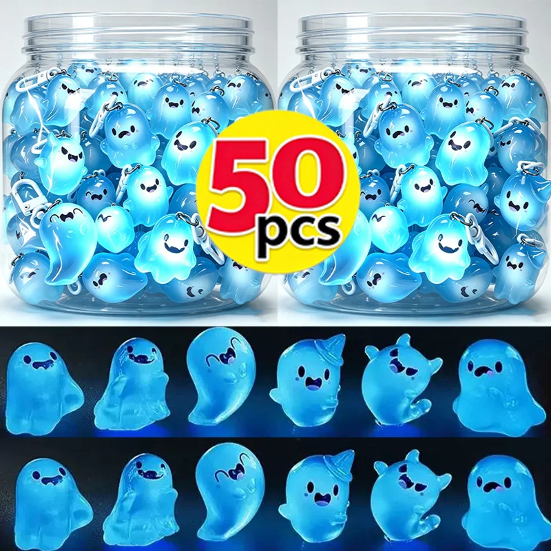 1-50pcs Halloween Luminous Mini Ghost Keychain Cartoon Cute Jelly Doll Phone Pendant Headphone Case Charm Bag Decor Car Key Ring