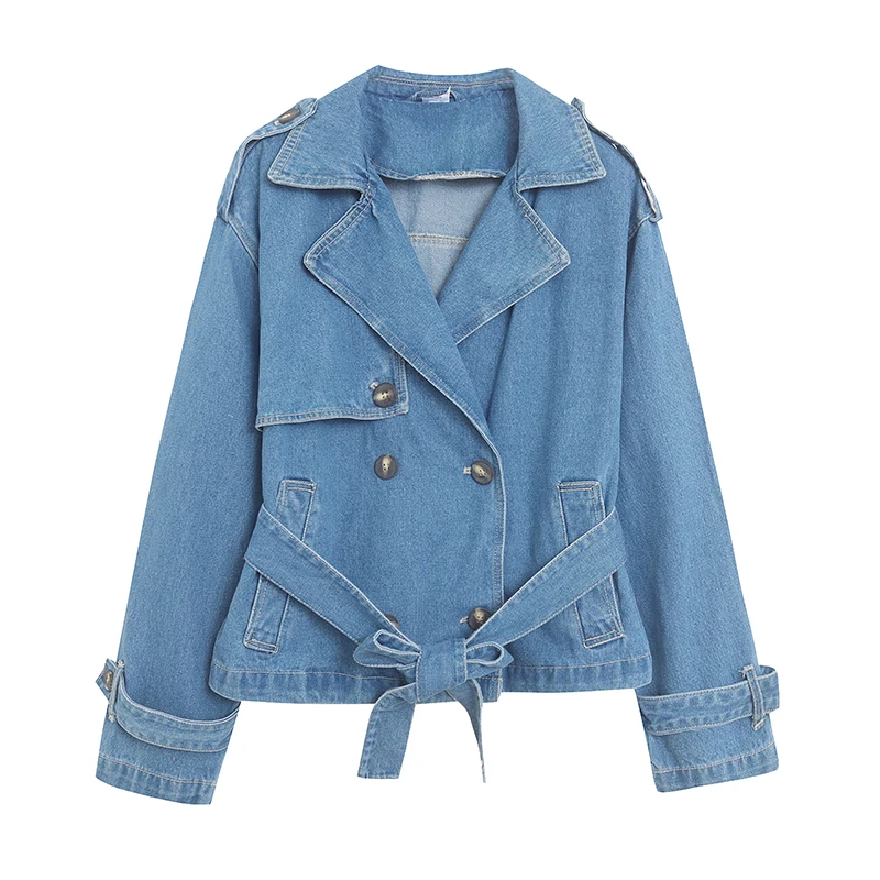 

Повседневная свободная джинсовая куртка из хлопка для женщин, укороченная верхняя одежда с длинными рукавами, стильная и оригинальная, с отложным воротником, весна-осень