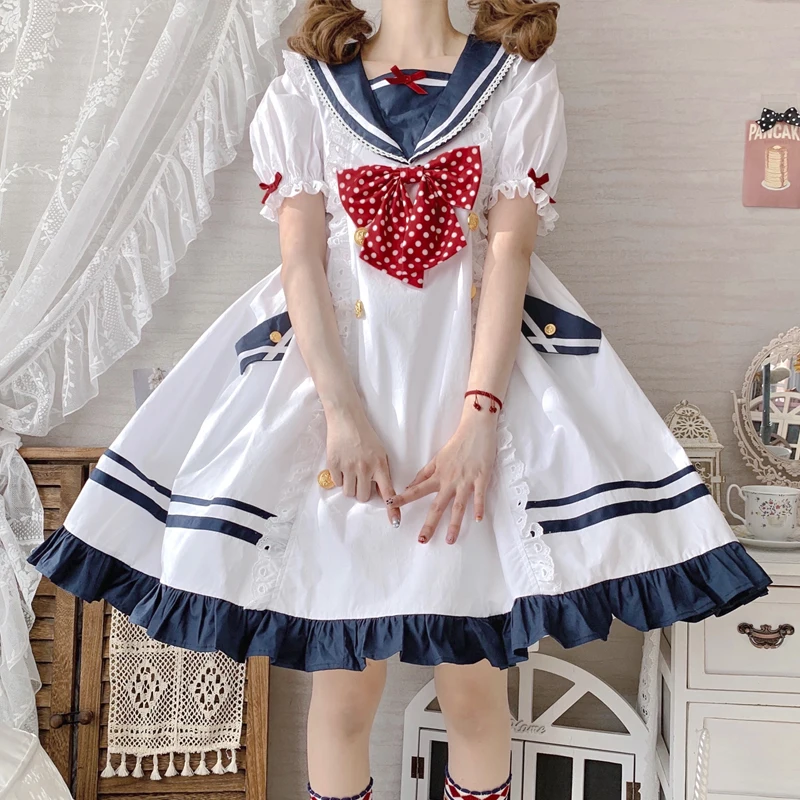 Japanse College Stijl Cosplay Lolita Op Lief Meisje Navy Matroos Kraag Ruches Far Point Strik Puff Mouw Metalen Knoopjurk