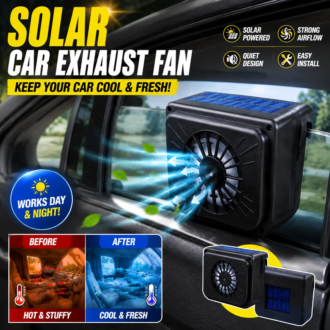 Solar Energy Car Exhaust Ventilation Fan Powerful Air Circulation Heat Extraction Fan For Preventing Car Interior Overheating