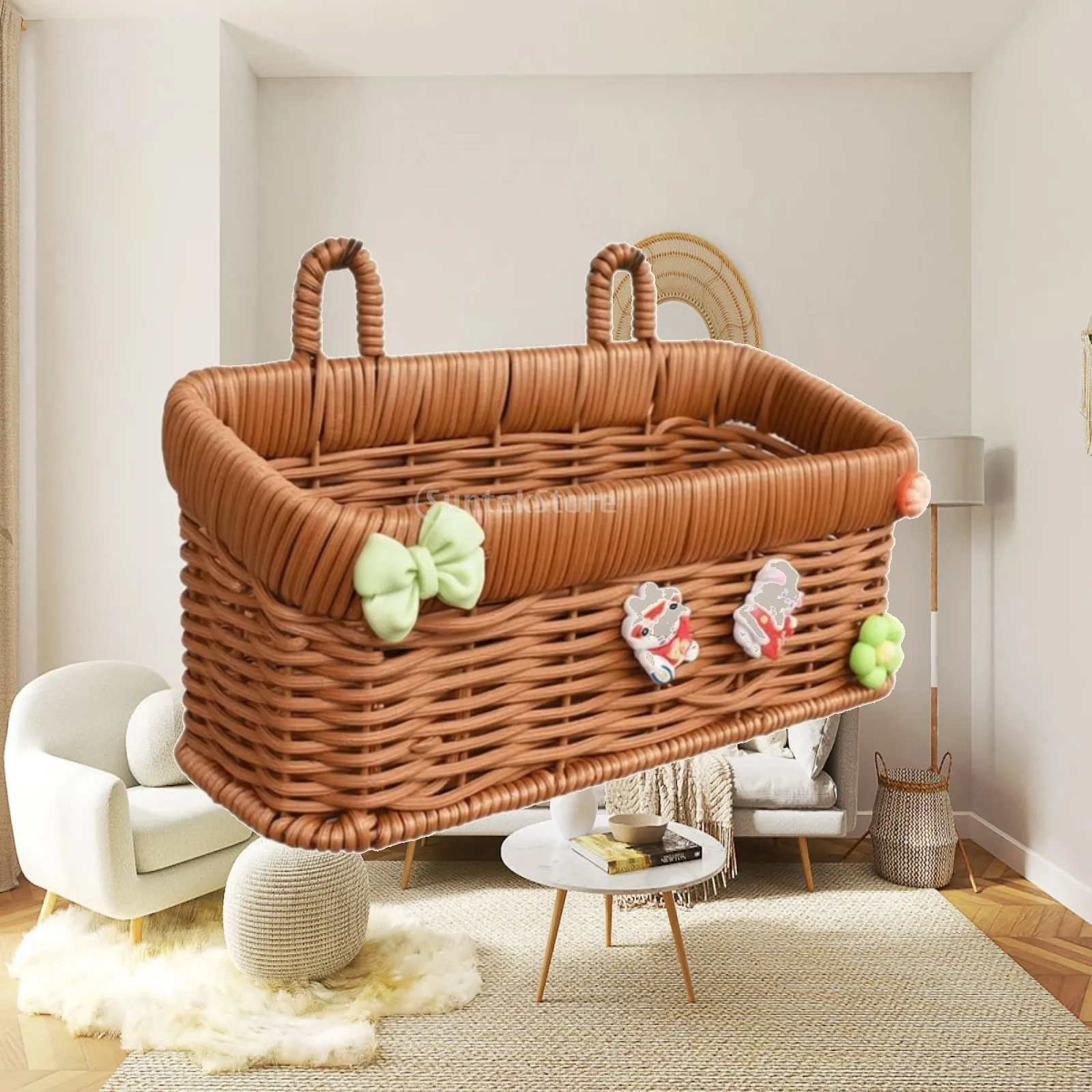 Wall Hanging Basket Rustic Brown Wicker Style Organizer Basket Vertical Storage Basket for Hallway Kitchen