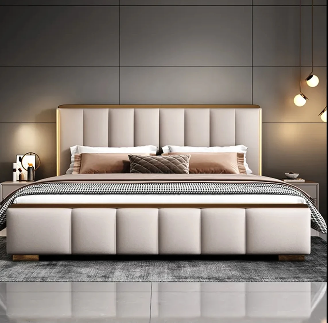 

High Quality Light Luxury Modern Simple Leather Bed Bedroom Furniture Double 1.8m King Size Bed