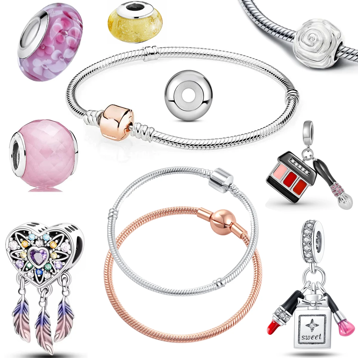 Gran oferta, nuevo, atrapasueños de Plata de Ley 925, lápiz labial, sombra de ojos, abalorio apto para Pulsera Original, accesorios de joyería DIY