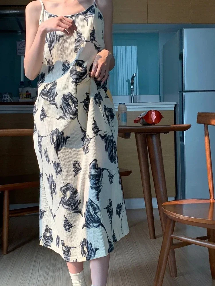 Dress Women Floral French Style Sleeveless All-match Vintage Elegant Mid-calf Summer Romantic Loose Holiday Chic Spaghetti Strap