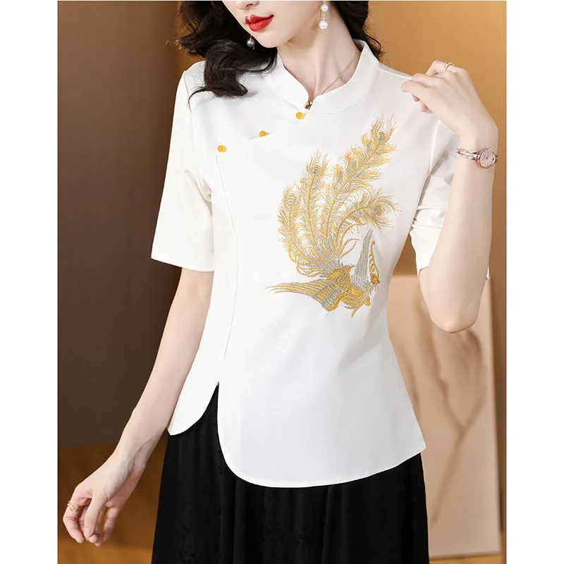 Chinese Style Women's Dress New Chinese Fashion Phoenix Top Embroidered Stand-up Neck Short Sleeve Slim Shirt Design Sense Top