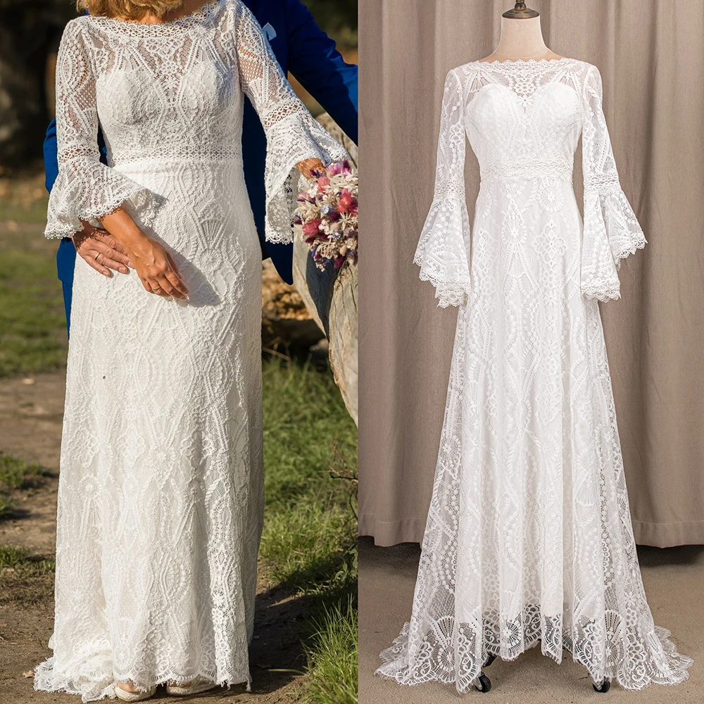 Elegante boho manga longa sino renda bainha ao ar livre praia vestido de casamento sem costas plus size rústico vestido de noiva 4219 personalizado