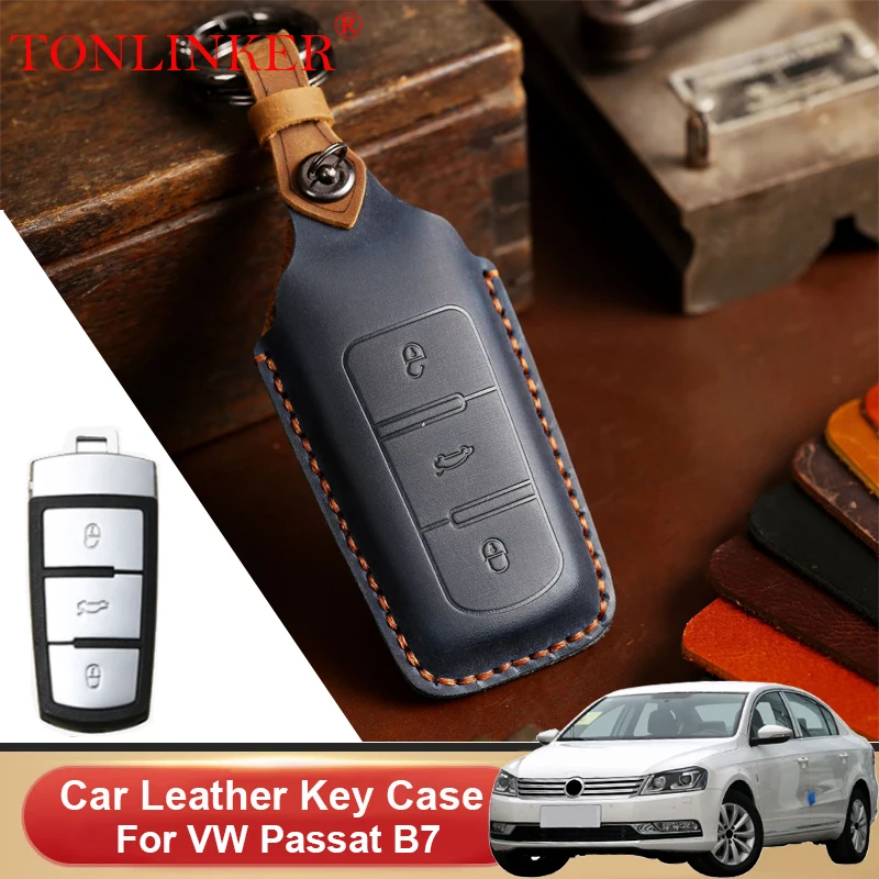 Genuine Leather Car Key Case For Volkswagen VW Old Passat B6 B7 Passat CC B6 Shell Remote Cover Car Styling Keychain Accessories