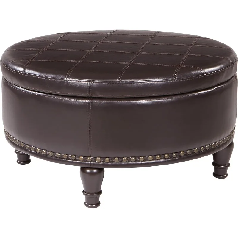 Round Storage Ottoman with Decorative Nailheads and Flip Over Lid with Serving Tray Surface, Espresso Faux Leather