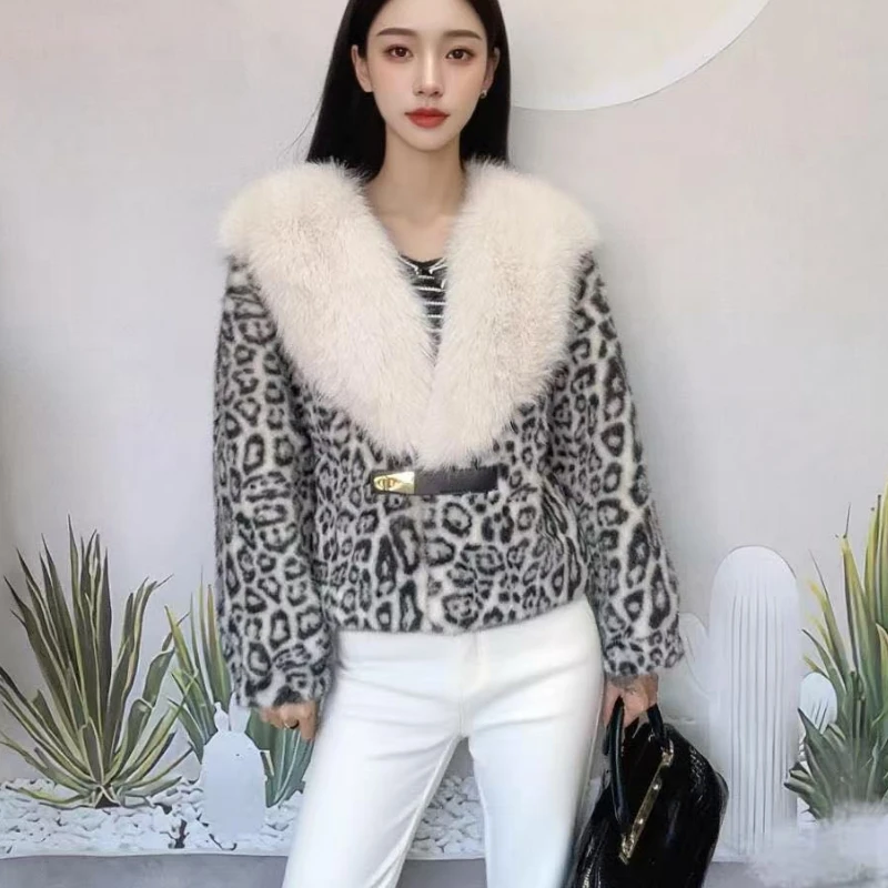 Luxury Retro Autumn Winter Leopard Print Faux Fur Short Jacket for Women Fur Coats Trendy V-Neck High-End Mink Fox Fur Coat Tops