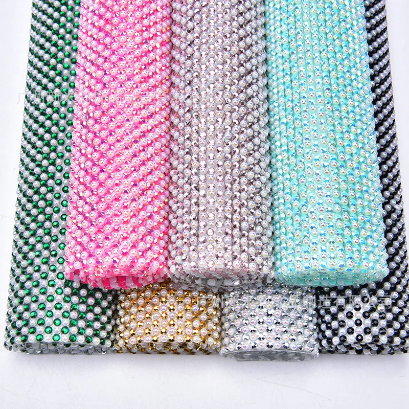 

Самоклеящаяся сетчатая тесьма из страз и жемчужин с эффектом AB, горячей фиксации, для одежды и мебели, 24*40 см