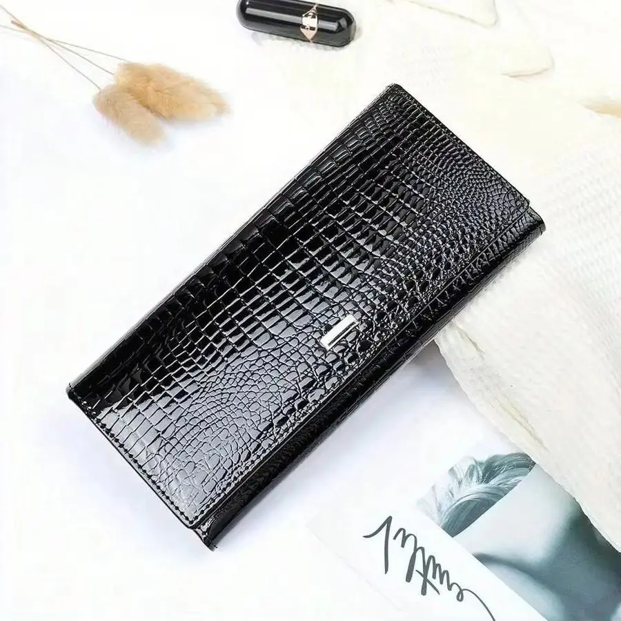 Cartera Larga de Cuero Genuino con Clip para Billetes para Mujer, Cartera de Noche Brillante de Piel de Vaca para Fiestas, Ceremonias y Salidas Diarias