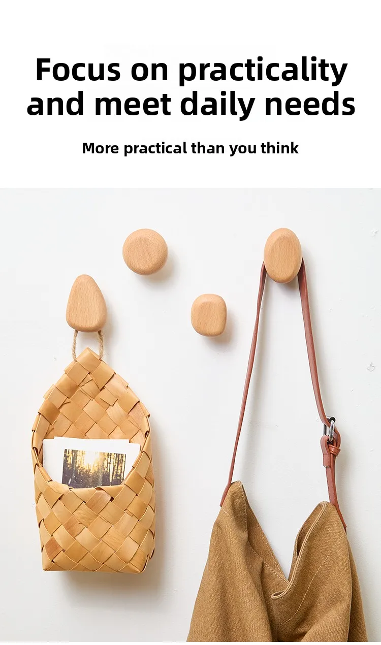 Scandinavian Solid Wood Handle Clothes Hook Coat Hook Wall-mounted Hook Punch-free Door Clothes Hanger Pebble Shape Cabinet Door