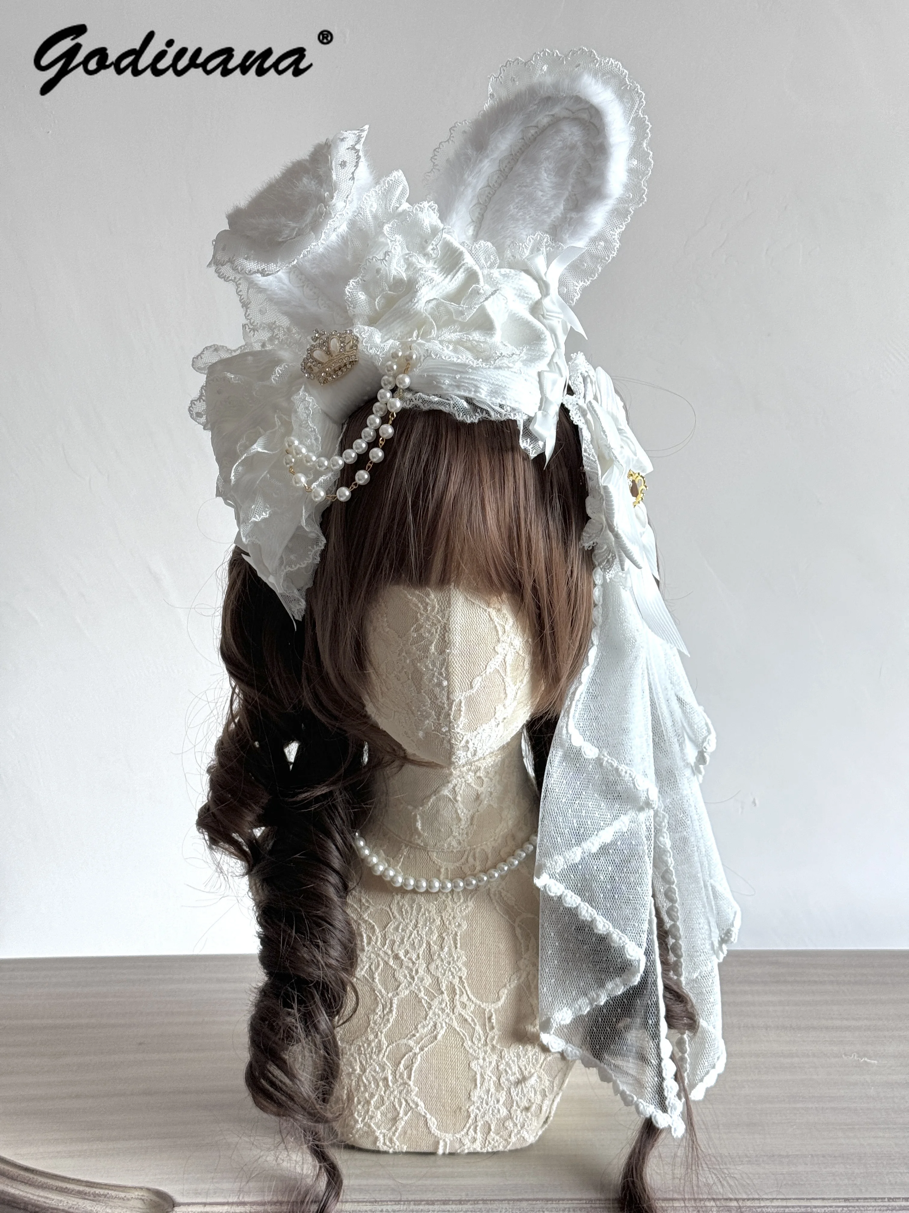 Originele handgemaakte afneembare konijnenoor luxe hoofdband haaraccessoire Lolita meisjes dames cosplay hoofddeksels haarband