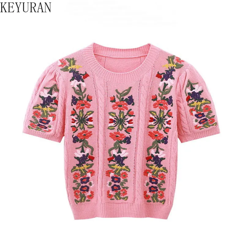 2023 Spring/Summer New Embroidery Foral Sweater Women Pullover Fashion O-Neck Pink/White Flower Knitwear Crop Top Female Jumpers