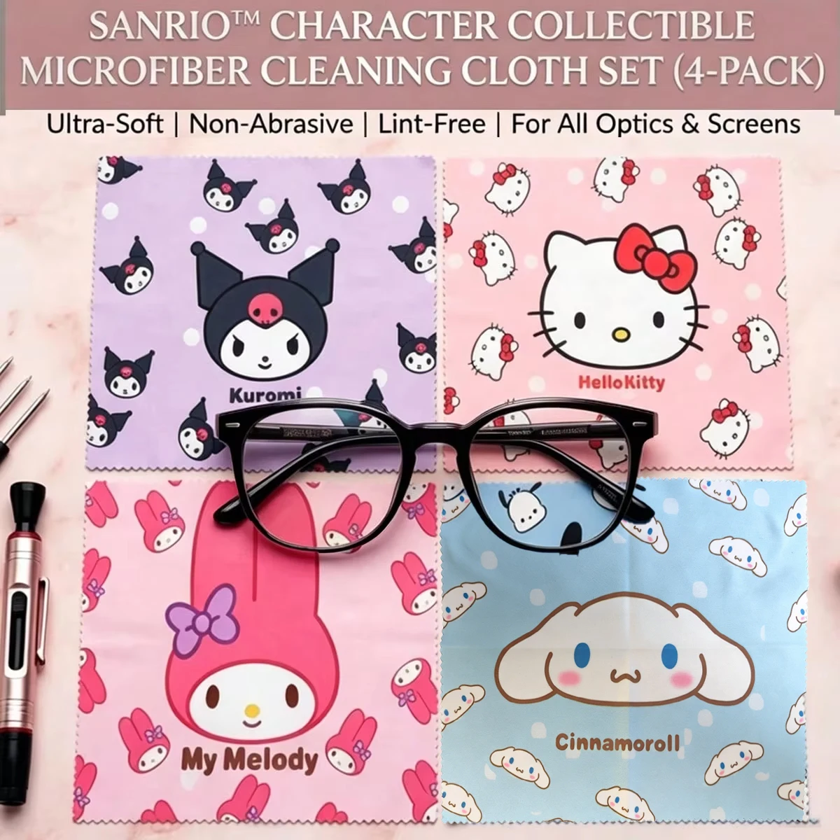 Pano de limpeza de óculos Sanrio Kuromi Hello Kitty, 4/8 peças, pano de limpeza de lentes, reutilizável, adequado para telefones celulares, computadores