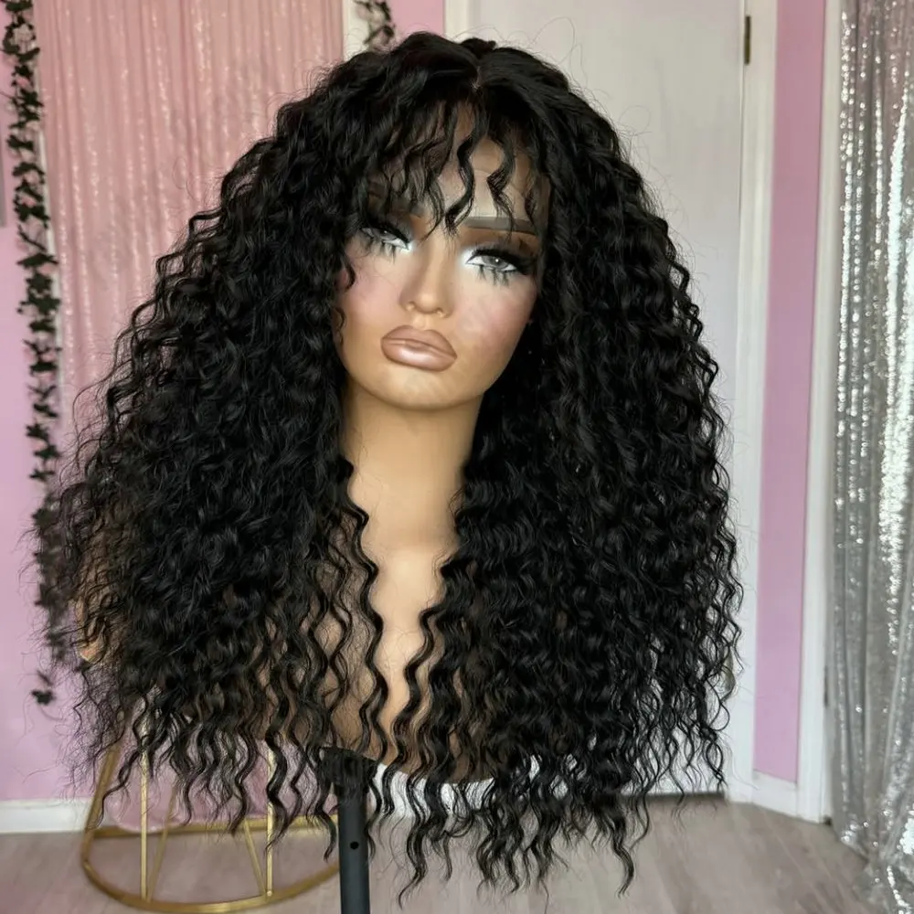

1#Jet Black Kinky Curly13x6Lace Front Wig Remy Indian Human Hair Bangs Wig for Black Women Glueless Per Plucked Full Lace Wig