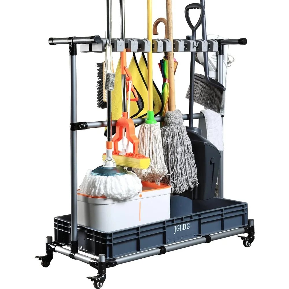 

Wheeled Mop and Broom Storage Rack for Organized Cleaning Essentials