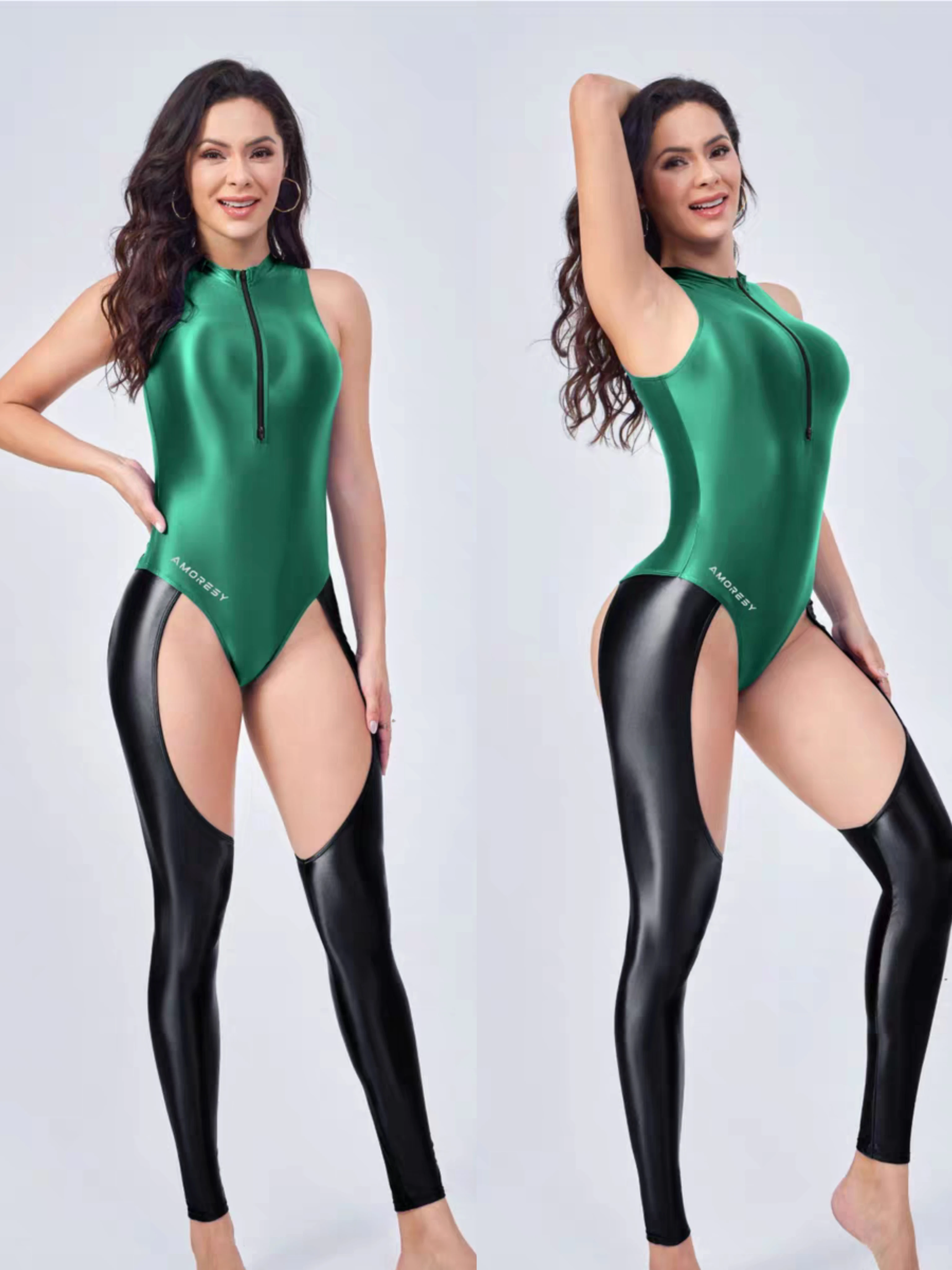 AMORESY 2024 NEW Silky Sheen One-piece Bodice Swimsuit Crotch zip-front sleeveless cutout spandex bodysuit for swimming ﻿