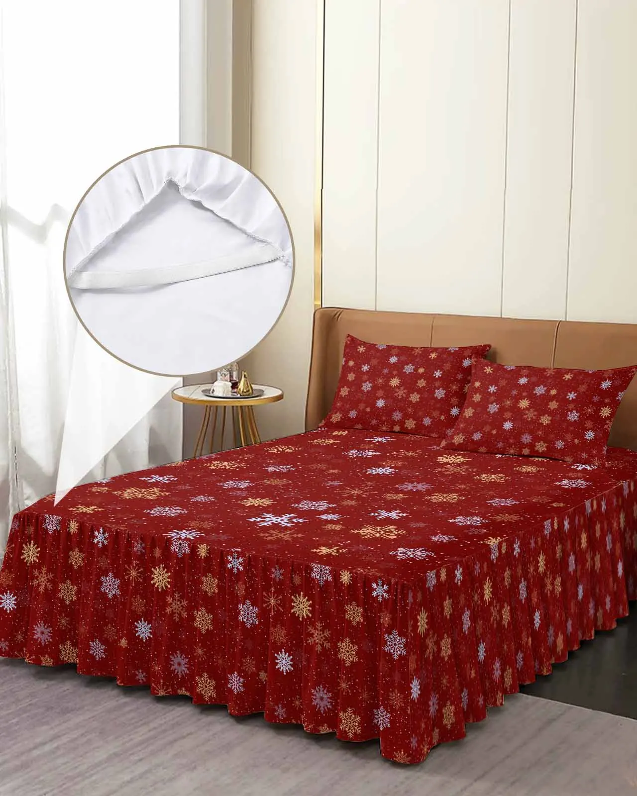 

Snowflake Christmas Winter Skirt Elastic Fitted Bedspread With Pillowcases Mattress Cover Bedding Set Bed Sheet