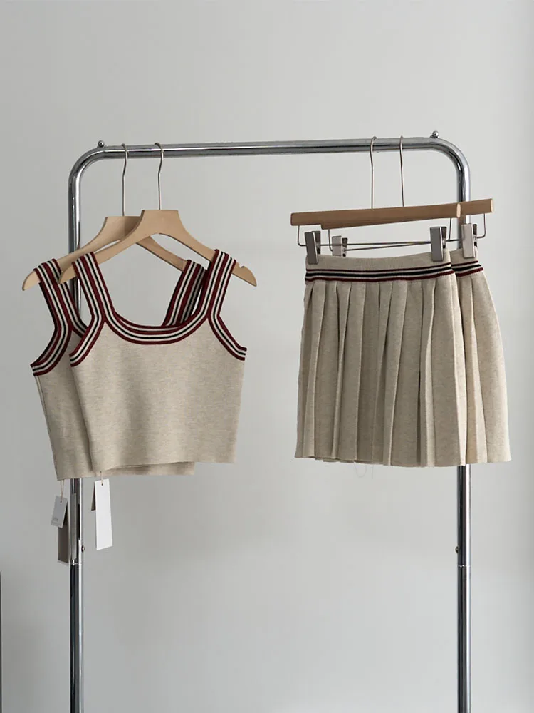 American Vintage Fashion Outfits 2 Piece Skirt Set Khaki Striped Tank Top Cozy + Classical Elastic Waist Pleated Skirt Elegant