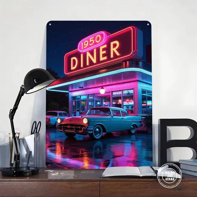 Neon Night Diner Printed Poster Customized Wall Art Retro Vintage Metal Tin Signs for Garage Coffee Bar Accessories Man Cave