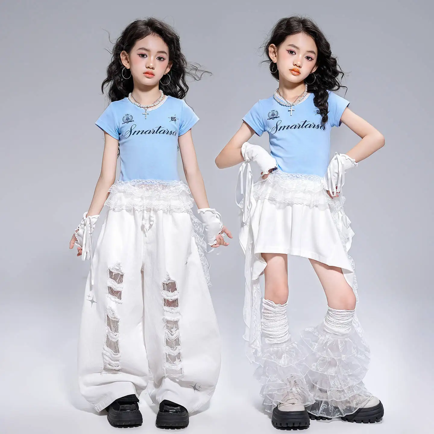 

Kid Kpop Hip Hop Clothing Blue Lace Trim T Shirt White Casual Distressed Ripped Pants Skirt for Girl Jazz Dance Costume Clothes