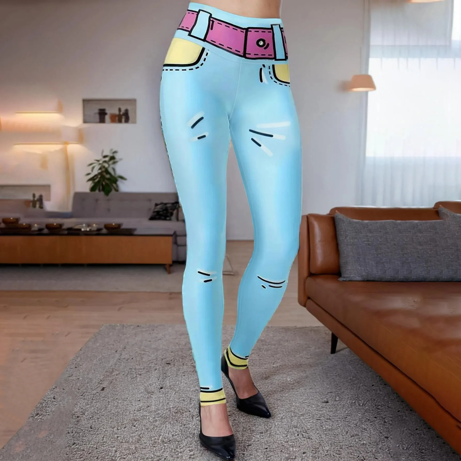 

Женские леггинсы с мультяшным принтом, имитирующие джинсы, светло-голубые, эластичные, для йоги, с имитацией пояса, для уличного стиля