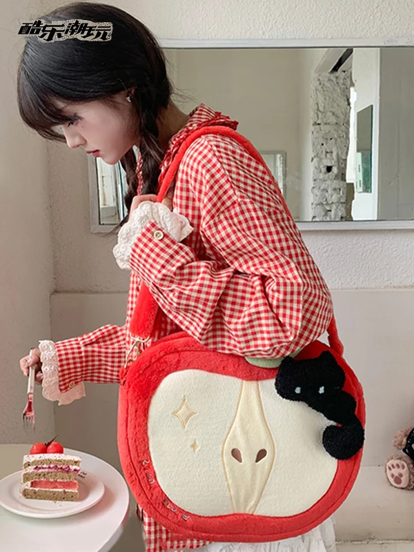 New Autumn/Winter Cute Plush Red Apple Backpack Simple And Casual Versatile Large Capacity Handheld Makeup Bag For Women Trendy