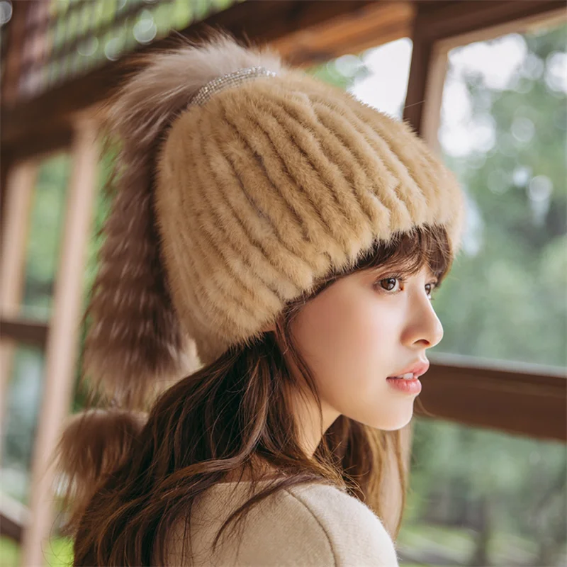 Russian Fur Hat Winter Women's Natural Mink Fur Hat Knitted Warm Striped Real Mink Hat Women's Good Elastic Real Mink Hat