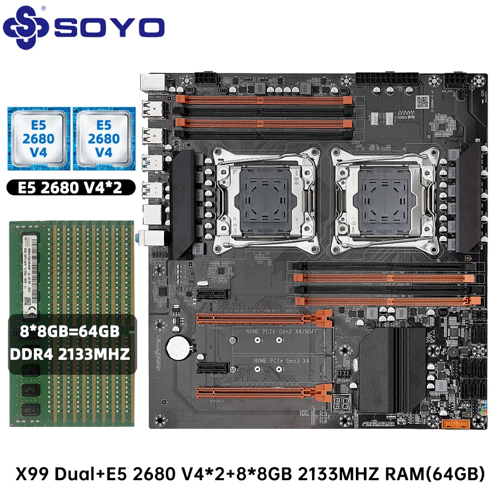 

SOYO NEW X99 Dual CPU Motherboard Kit lntel Xeon E5 2680 V4&DDR4 32GB (4*8GB) LGA2011-3 M.2 NVME for Desktop Gaming Computer