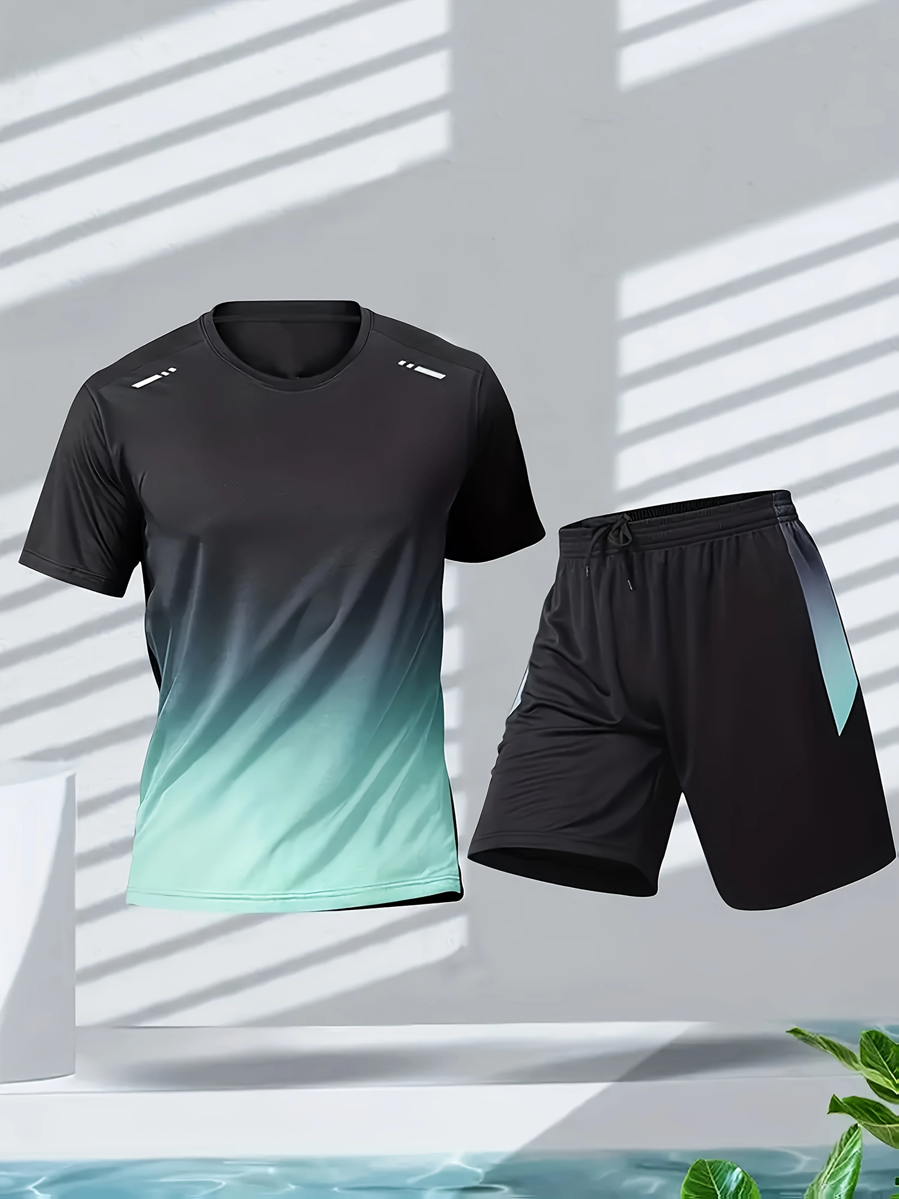 

2 pieces set top + shorts sports clothes Men's fitness clothes summer ice silk short sleeve shorts T-shirt running suit