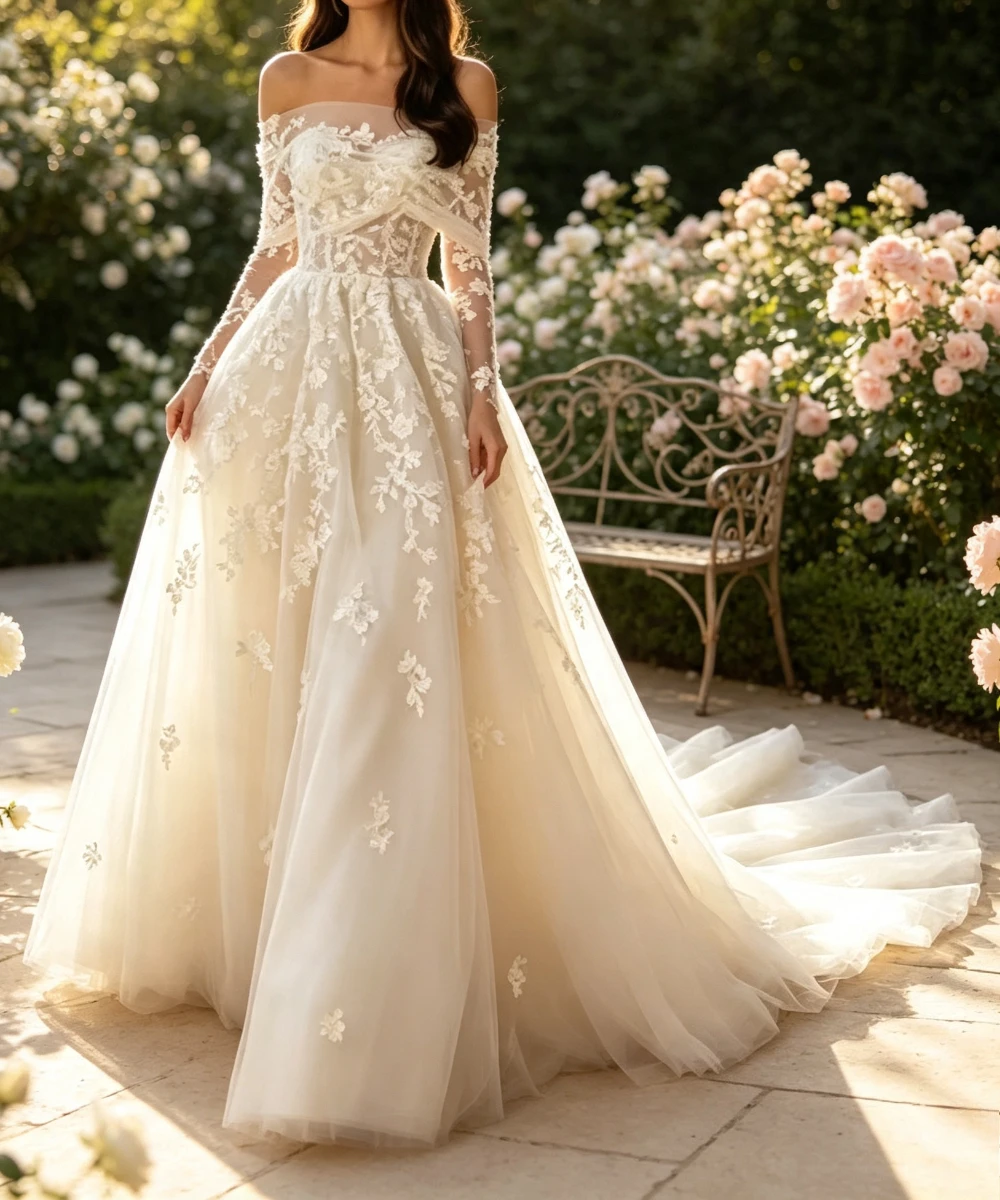 Customized Romantic Off Shoulder Embroidered Lace Wedding Dresses 2026 Vintage Long Sleeves Ruffle Chiffon A-line Bridal Gown