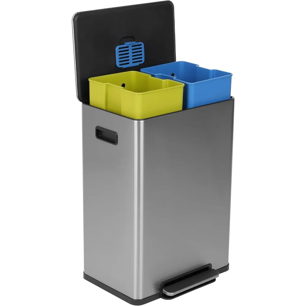 

60 Liter / 16 Gallon Rectangular Hands-Free Dual Compartment Recycling Kitchen Step Trash Can with Soft-Close Single Lid