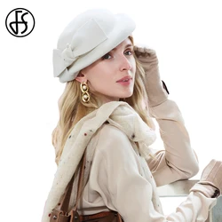 Elegant Wool Felt Hat Black White Beret Cap for Women Lady Church Weddings Cocktail Tea Parties And Dress Occasions Hat With Bow