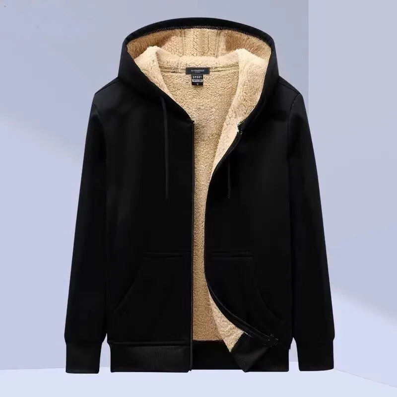 Men's Autumn Winter Lamb Velvet Set Fleece Lined Thickened Sports Loose Warm Hooded Jacket And Pants Casual Sweatshirt