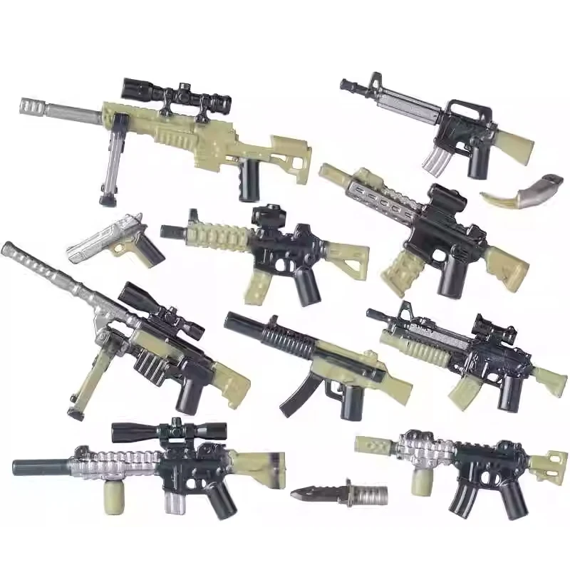 Armes militaires, blocs de construction, figurines de soldats, accessoires, mitrailleuses américaines, impression plaquée argent, fusil M4 M16, jouet en brique