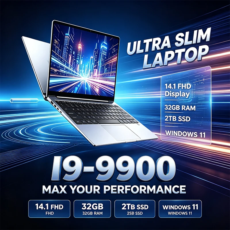 Notebook Ultra Fino de 14,1 Polegadas 120Hz FHD IPS Intel i9-9900 32GB 2TB Teclado Retroiluminado Laptop de Longa Duração para Escritório e Negócios