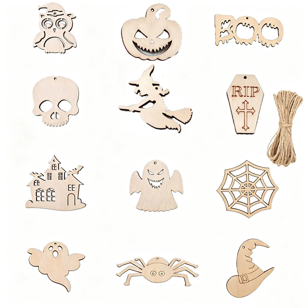 (12 pieces/bag) Size 4.8-11cm Wooden Ornament Ghost Pendant Festival Room Door Handle Window sill Decoration
