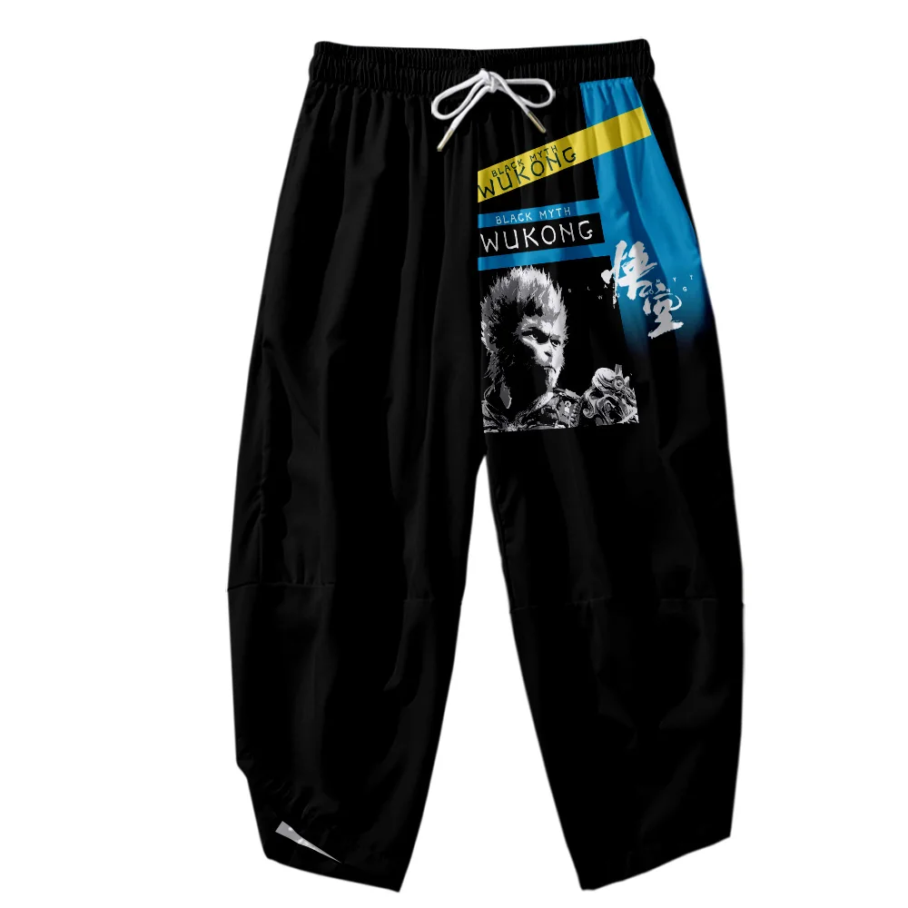 

Game WUKONG Printed Black Men Japanese Harem Trousers Casual Elastic Waist Kimono Cropped Pants Streetwear
